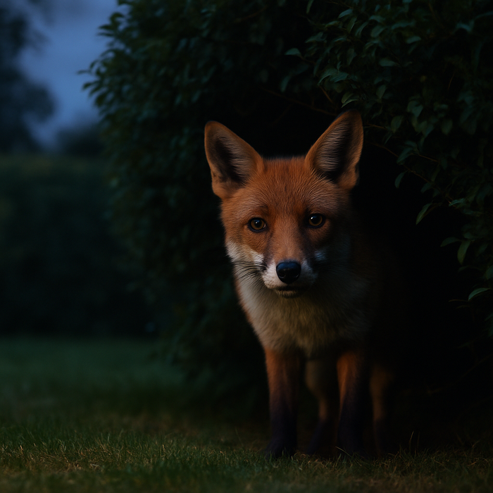 fox peeking through hedge
