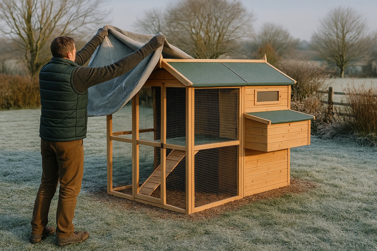 Man covering a chicken coop