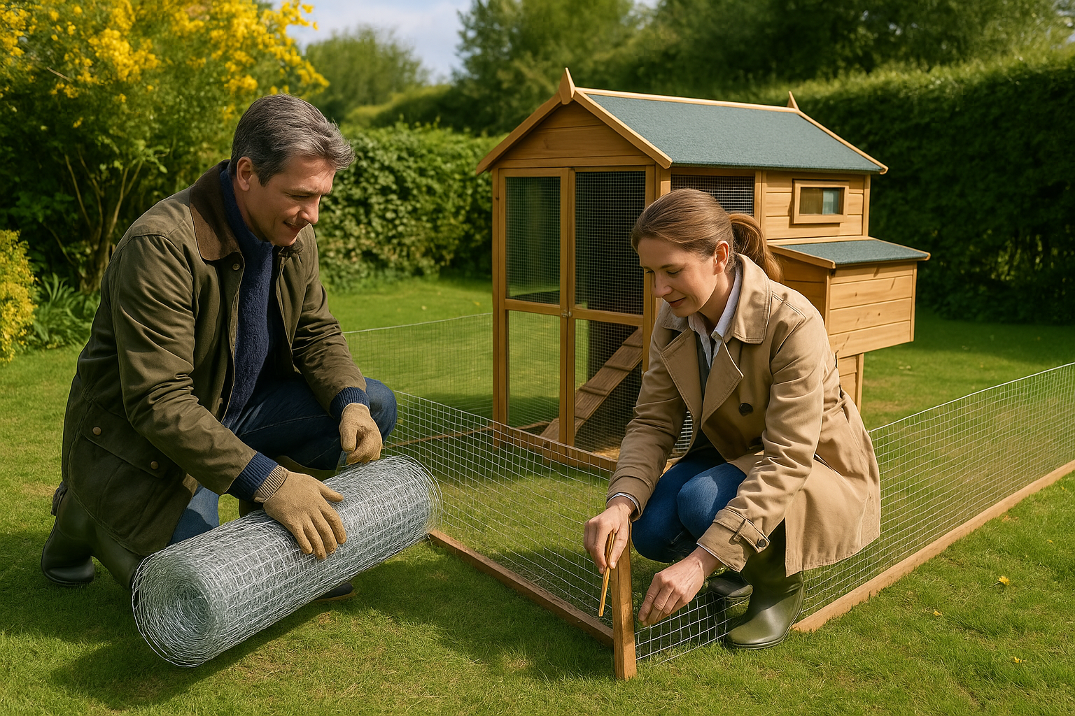 couple installing chicken wire