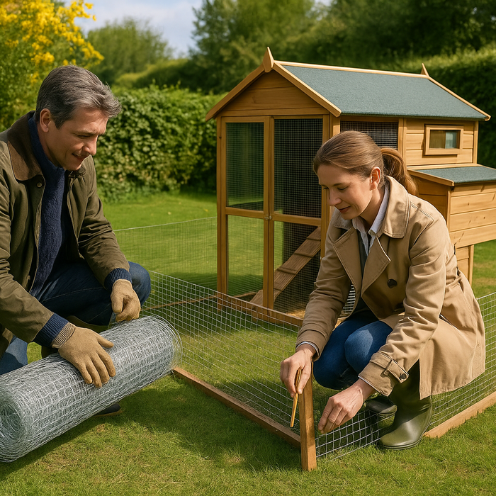 couple installing chicken wire