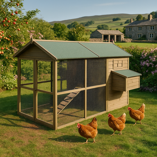 Wooden chicken coop with chickens in a rural setting