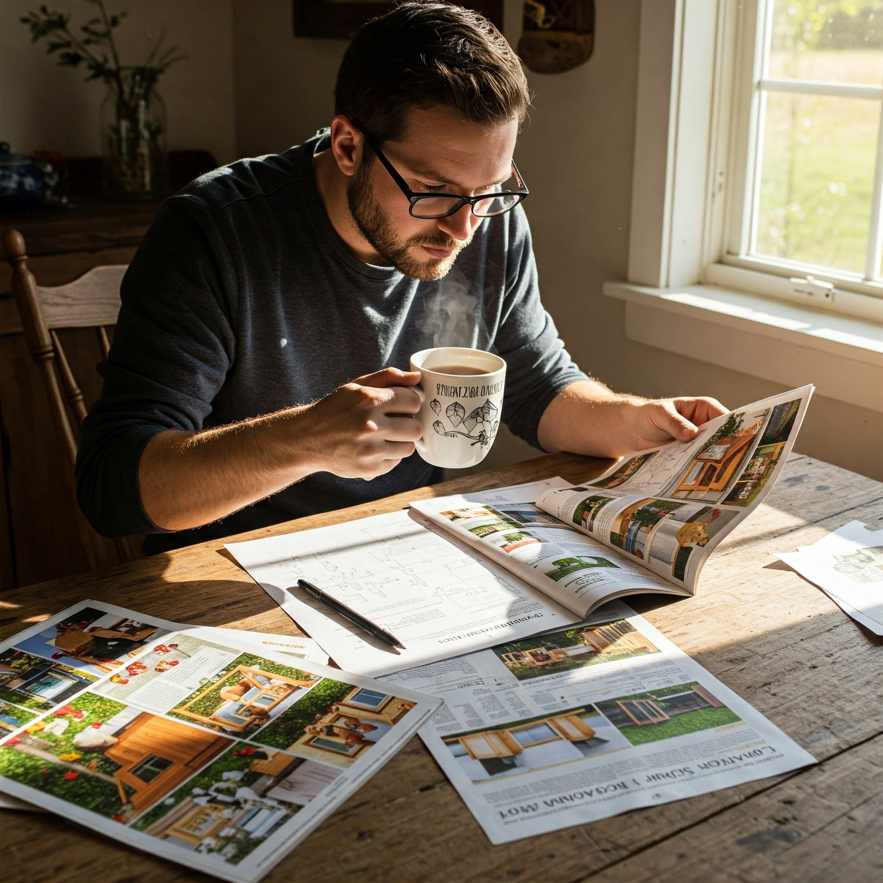 Man pondering over chicken coops with cup of tea