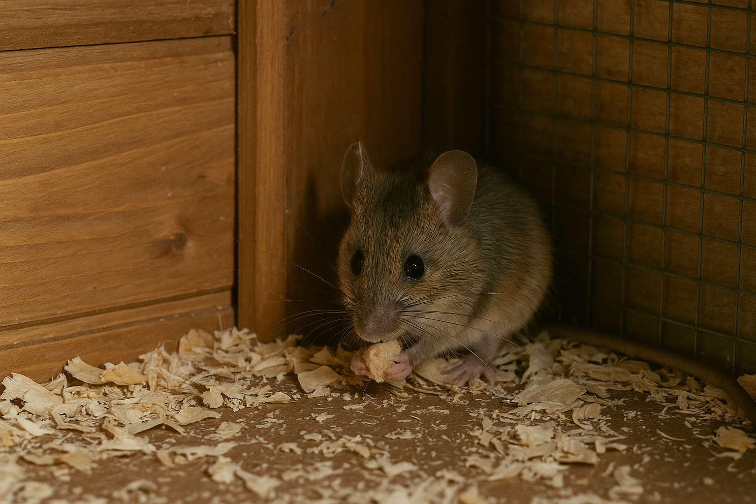 Mouse eating in corner of coop
