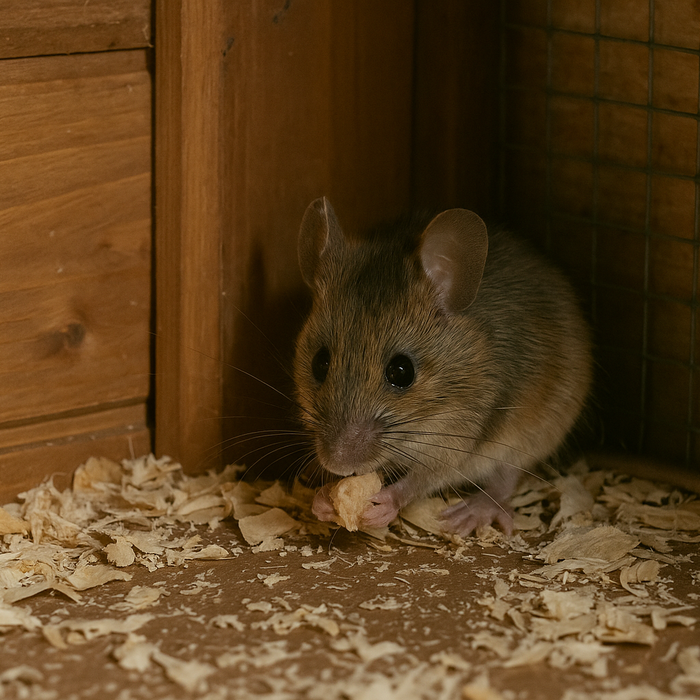 Mouse eating in corner of coop