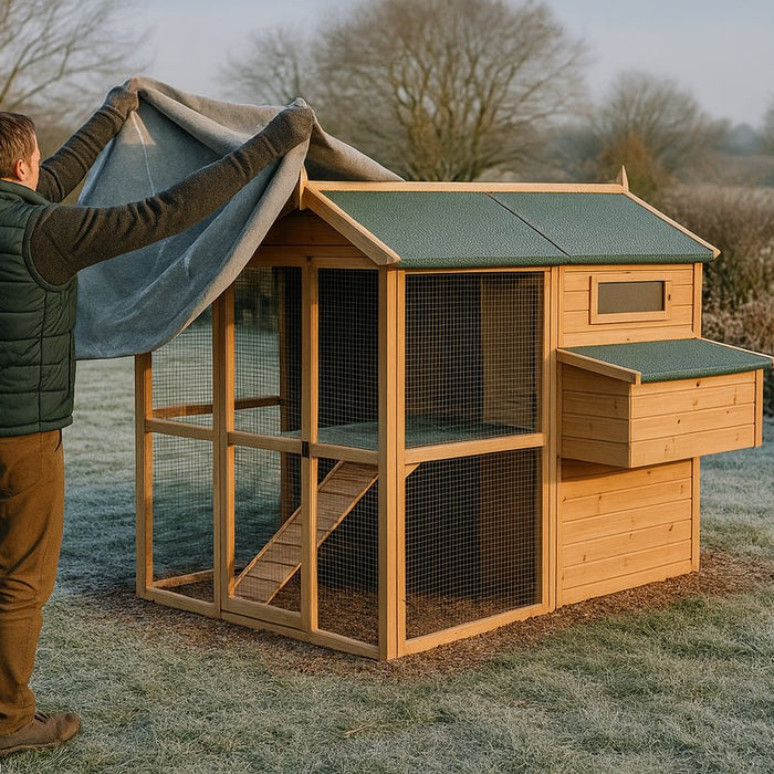 Man covering a chicken coop