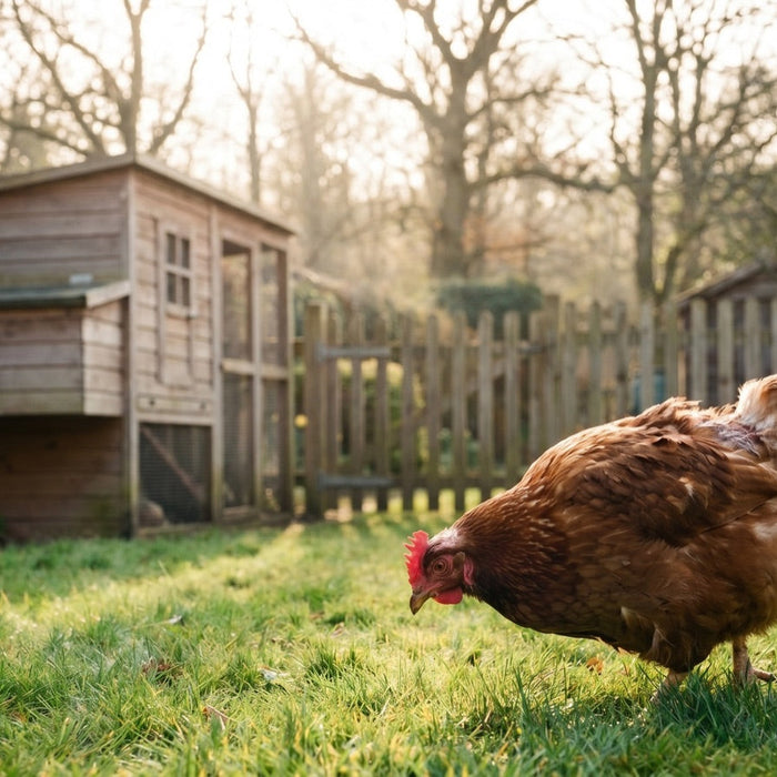 Hen foraging in a garden with a wooden chicken coop