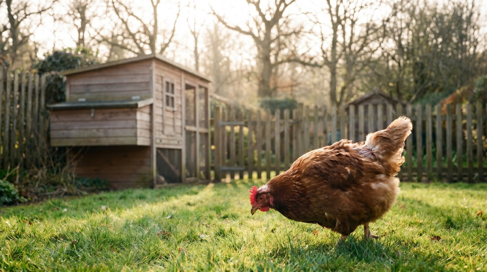 Hen foraging in a garden with a wooden chicken coop