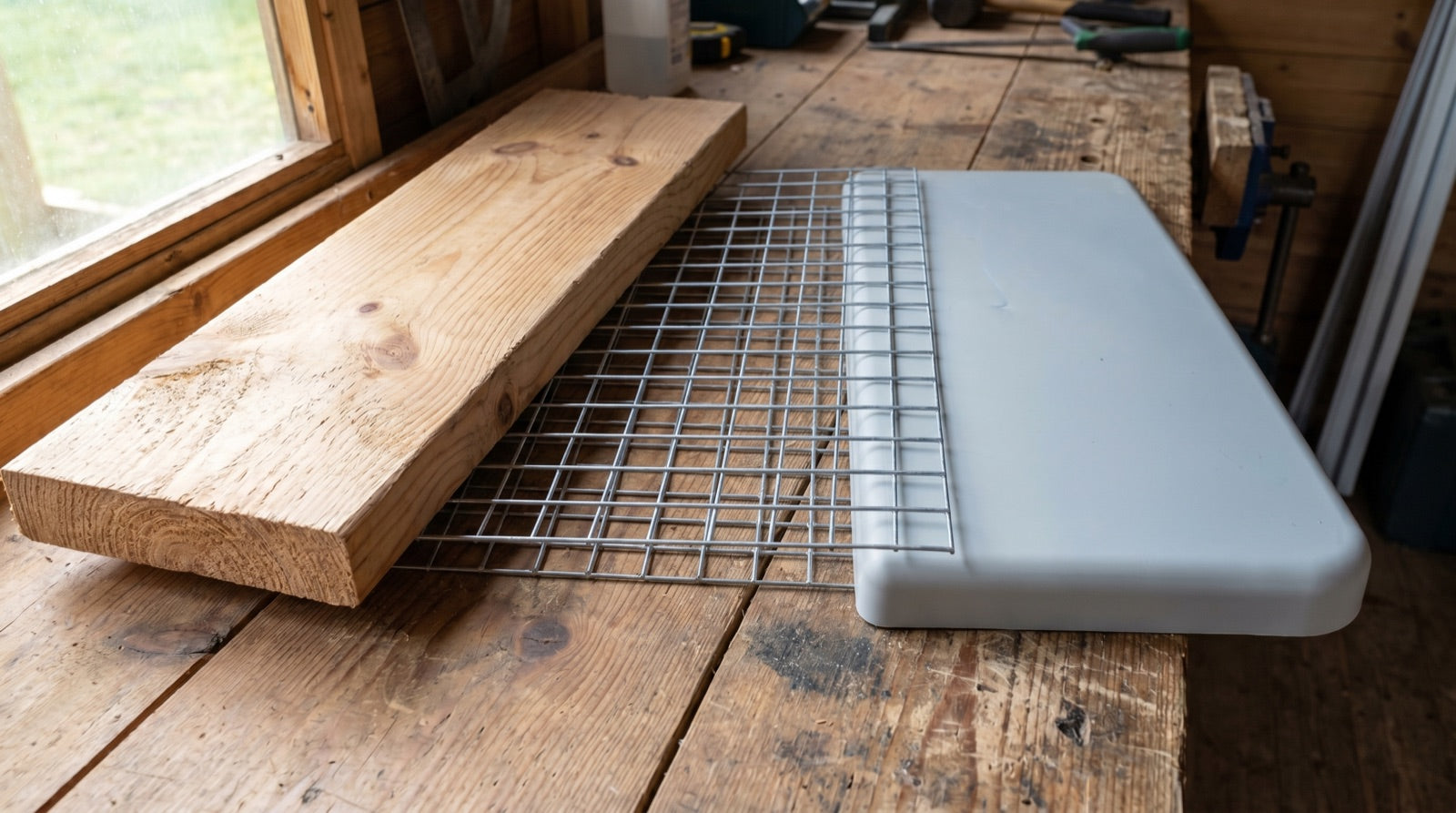 Wood plank, metal wire mesh and plastic panel side by side