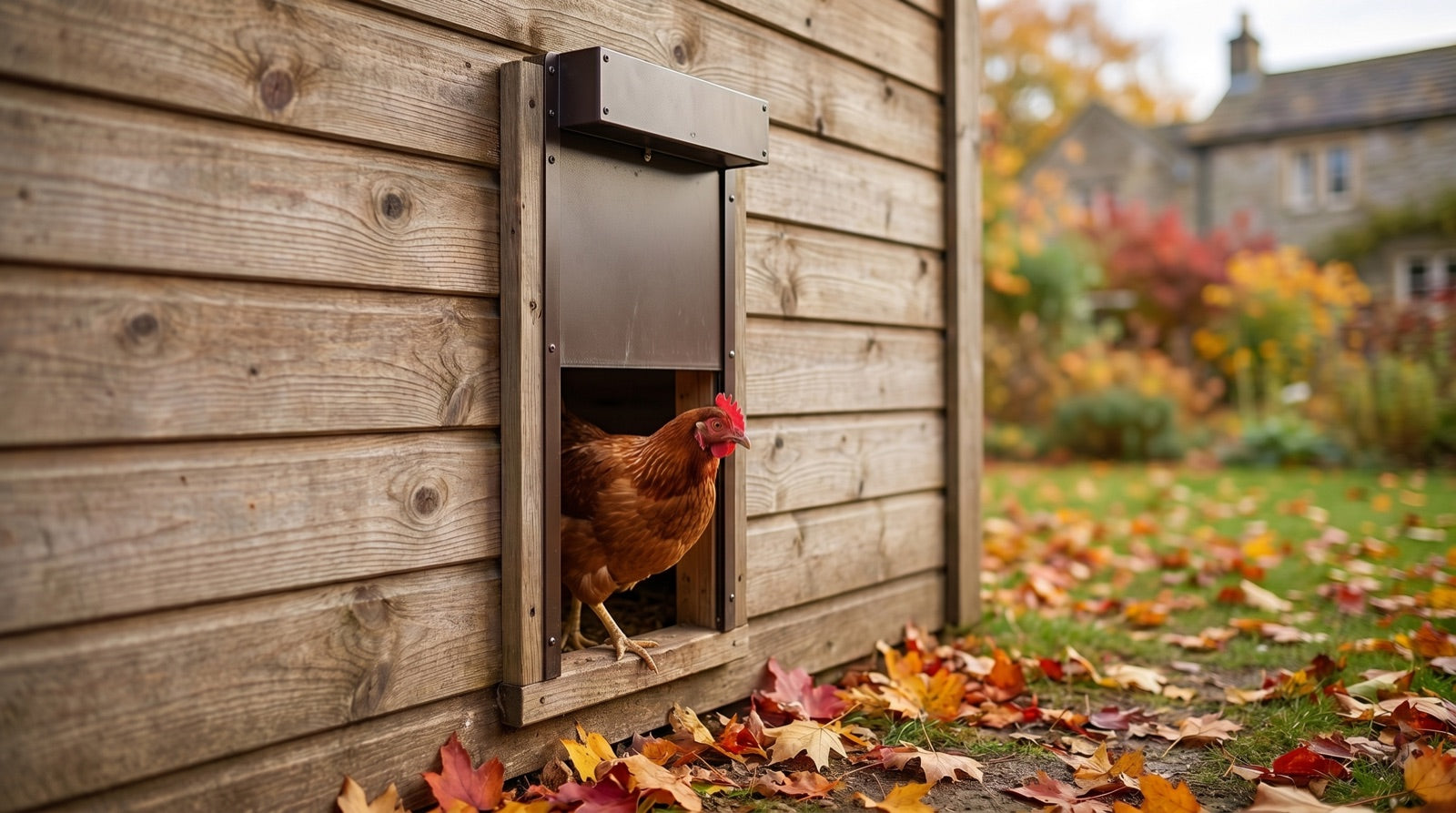 Hen stepping through an automatic pop hole opener on a wooden chicken coop