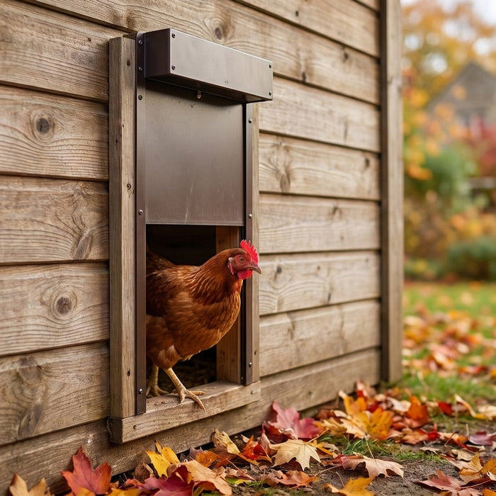 Hen stepping through an automatic pop hole opener on a wooden chicken coop