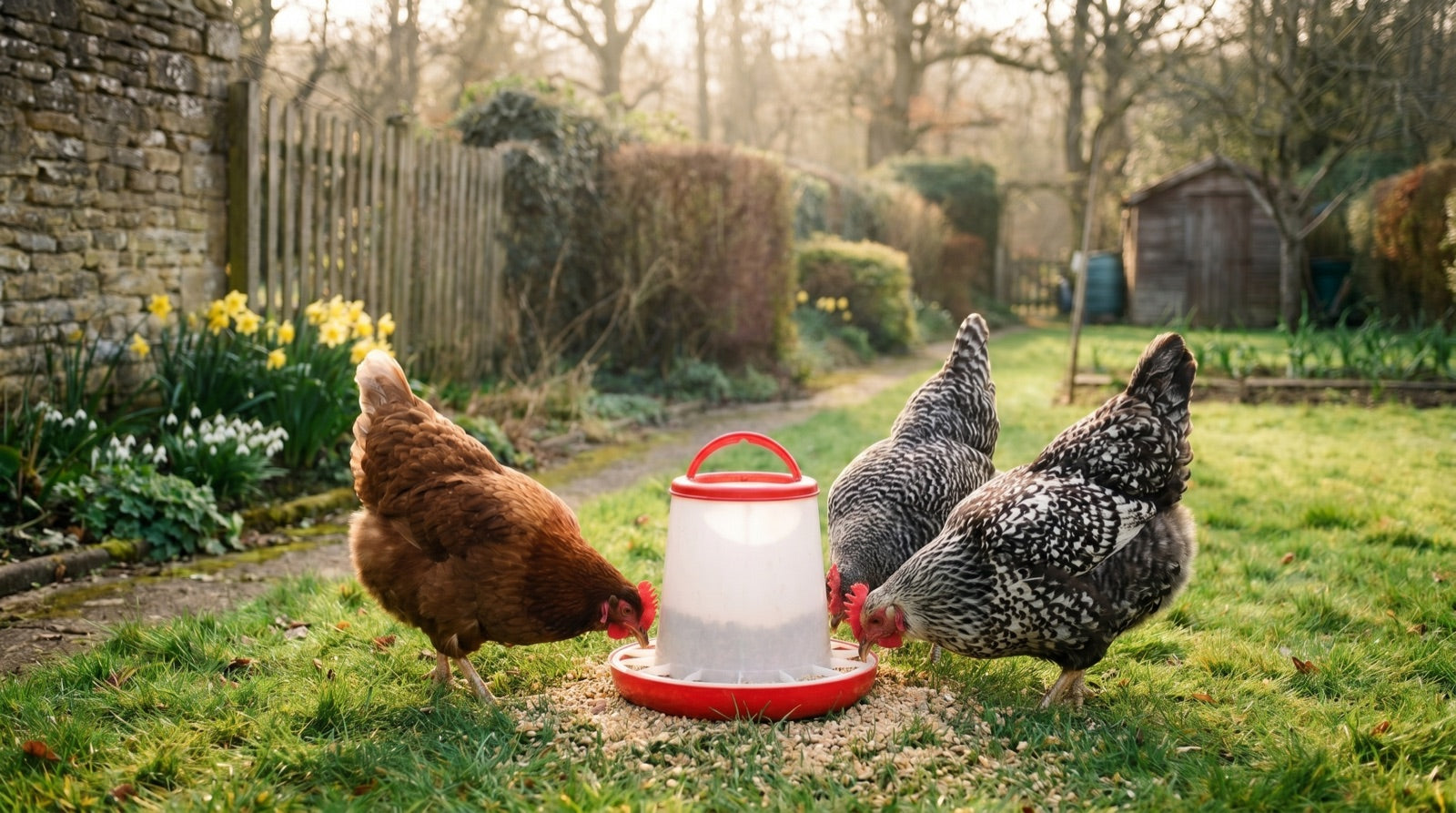 Hens feeding from a plastic chicken feeder in a garden