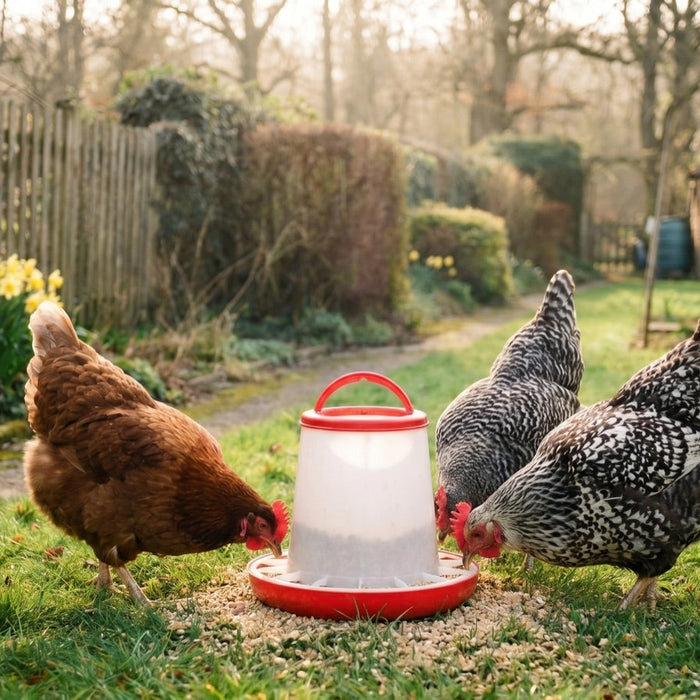 Hens feeding from a plastic chicken feeder in a garden
