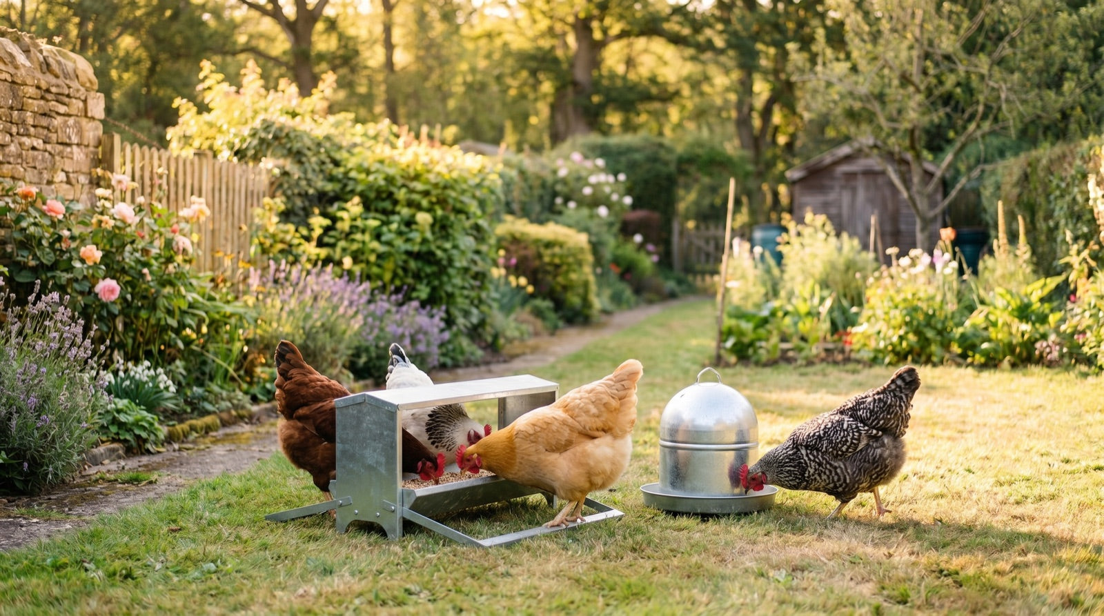Hens using a galvanised chicken feeder and drinker in a garden