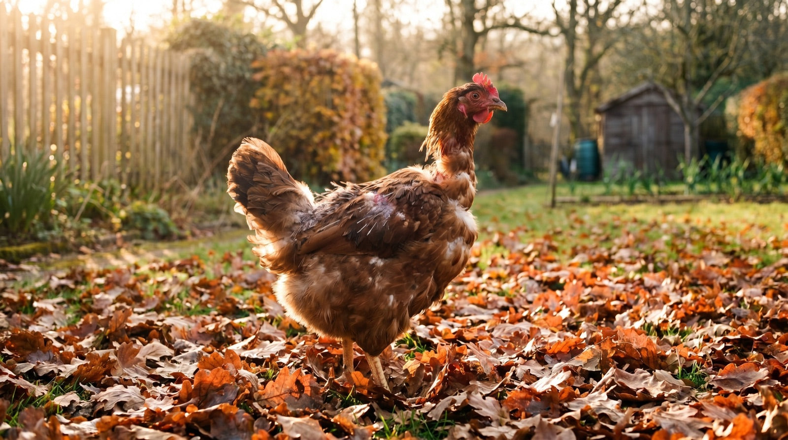 Hen with patchy feathers standing on autumn leaves during moult