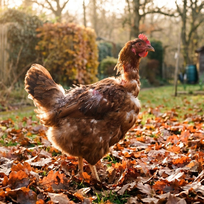 Hen with patchy feathers standing on autumn leaves during moult