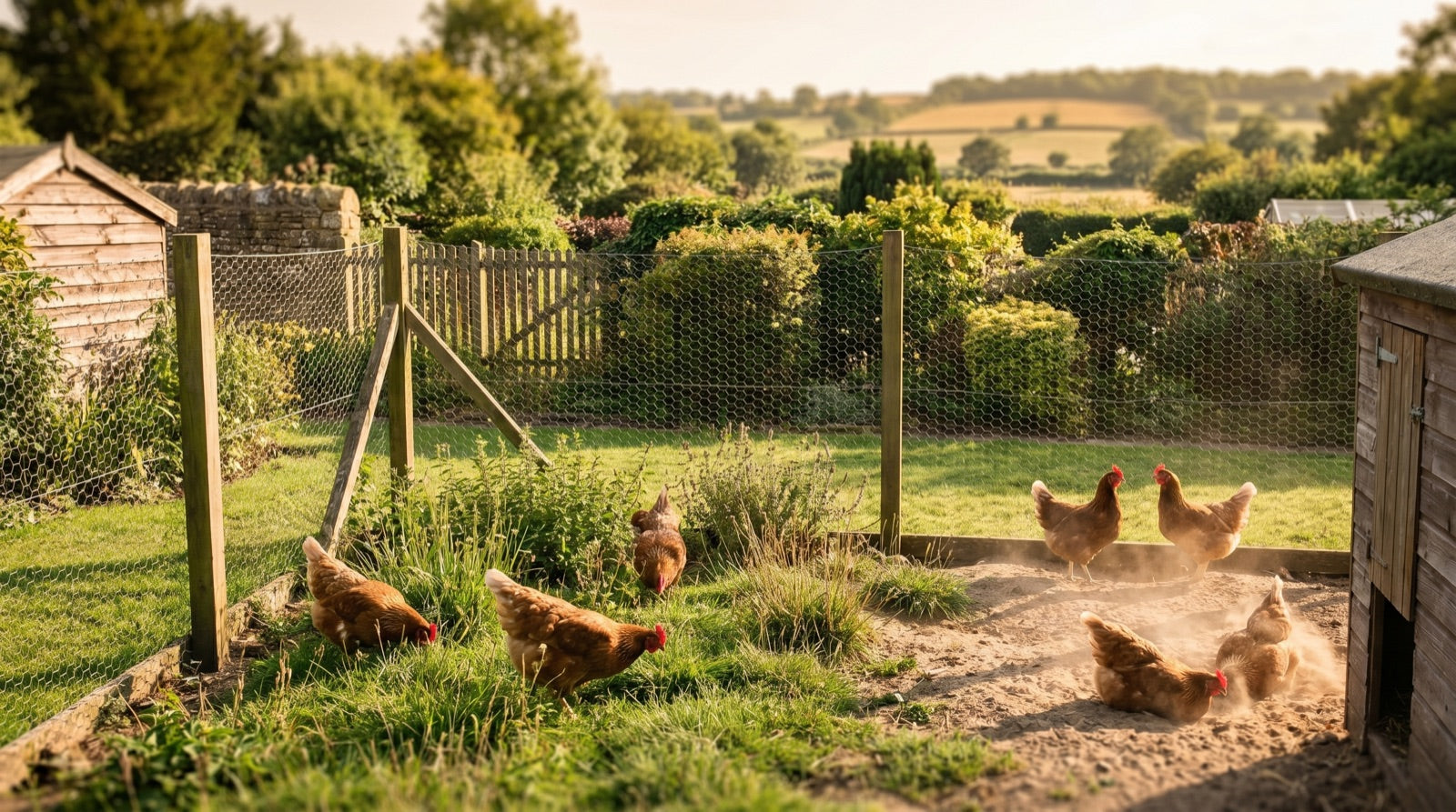 Flock of hens free ranging in a garden run with a chicken coop and wire fencing