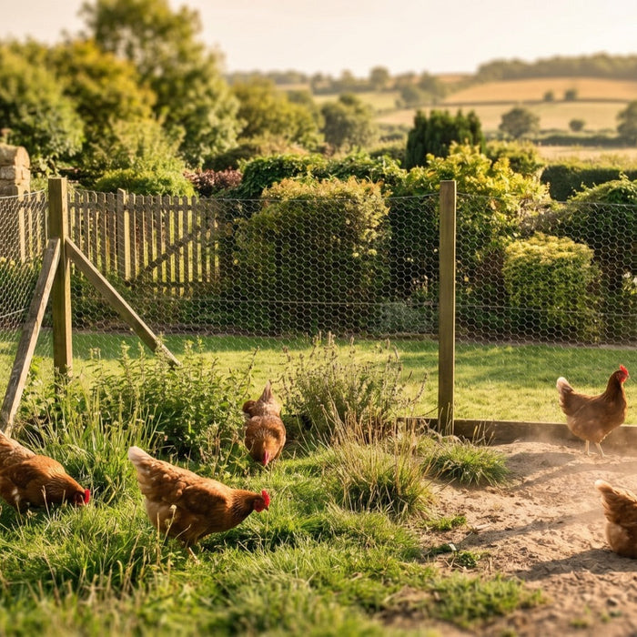 Flock of hens free ranging in a garden run with a chicken coop and wire fencing