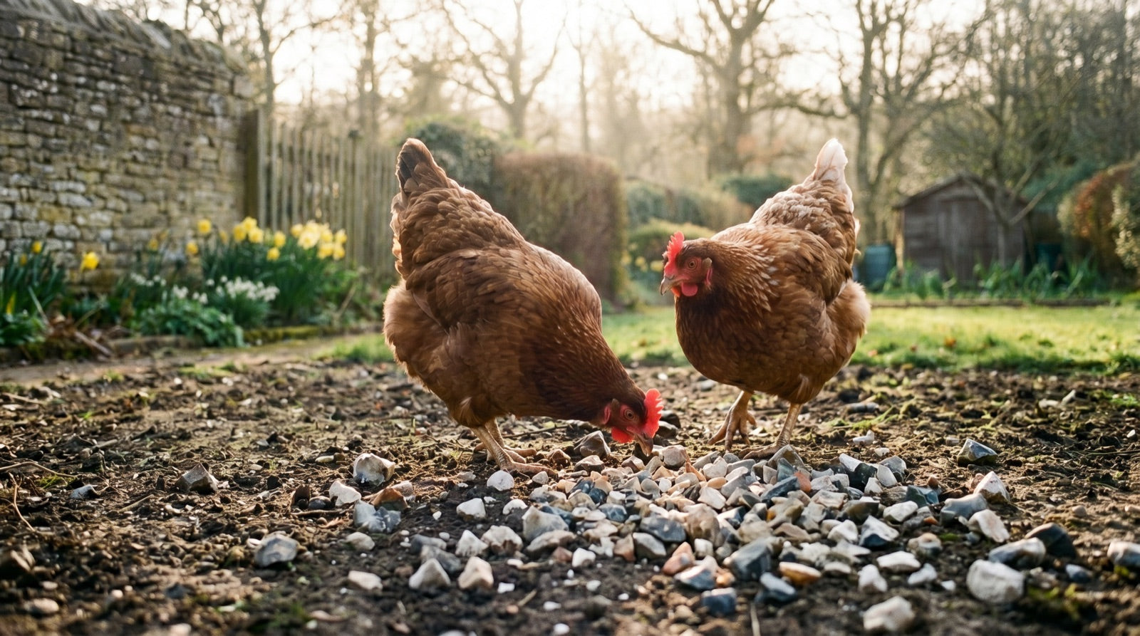 Hens pecking at grit on the ground in a garden