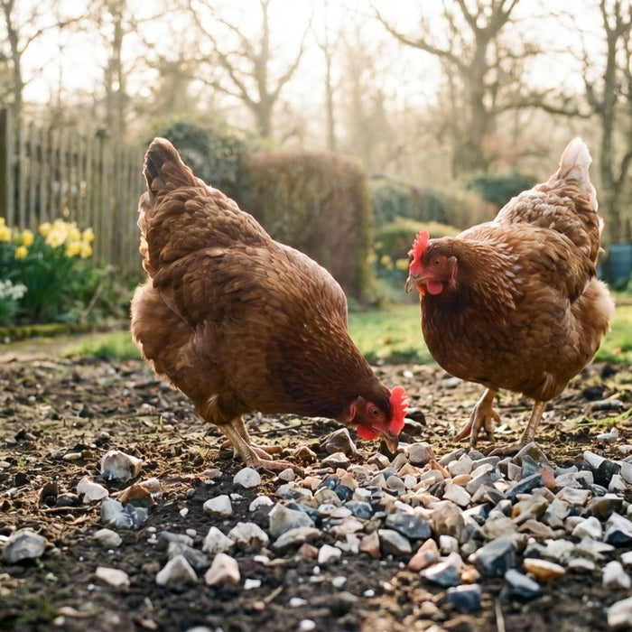 Hens pecking at grit on the ground in a garden