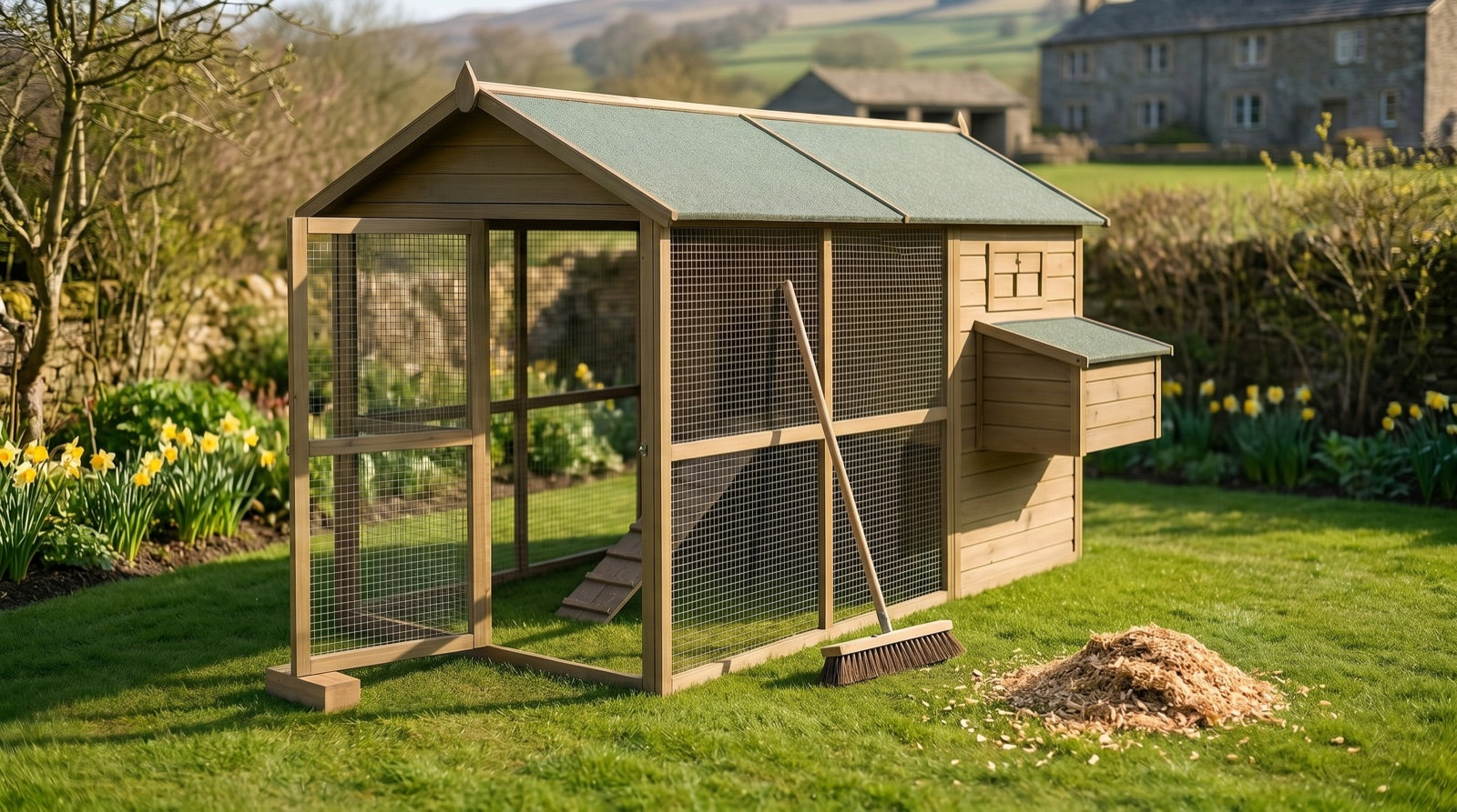 Wooden chicken coop with run being cleaned out in a garden