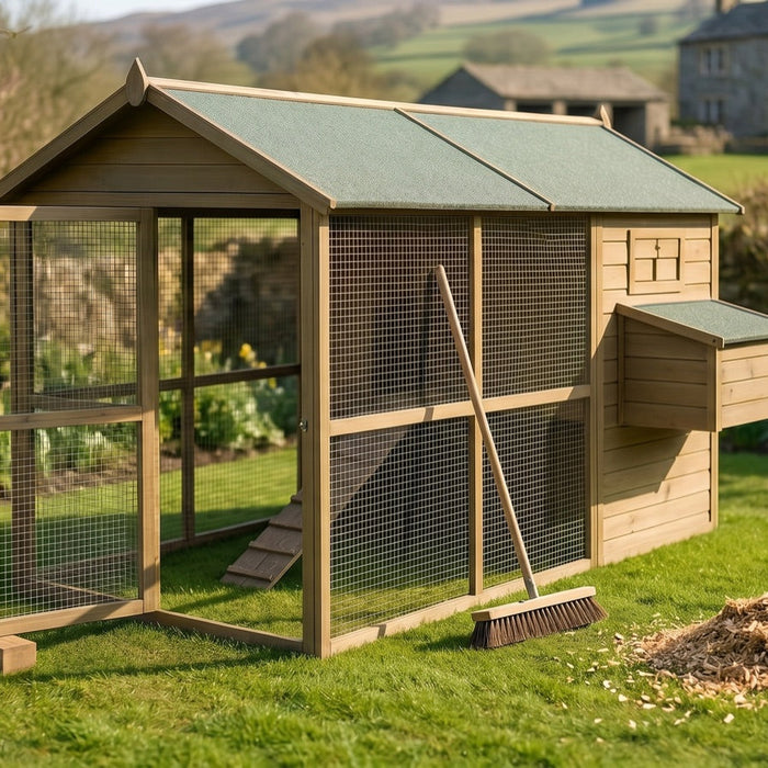 Wooden chicken coop with run being cleaned out in a garden