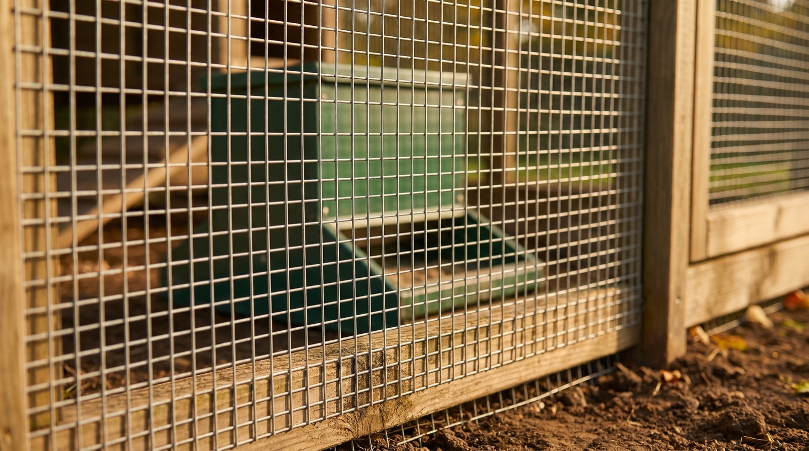 Close-up of small-gauge wire mesh on a chicken run with feeder inside