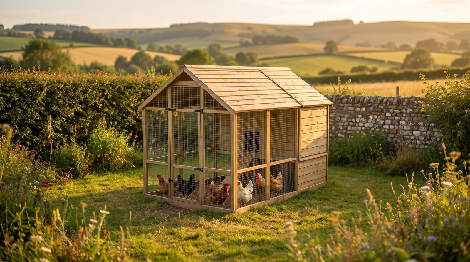 Wooden walk-in chicken coop with flock of hens inside in a countryside garden