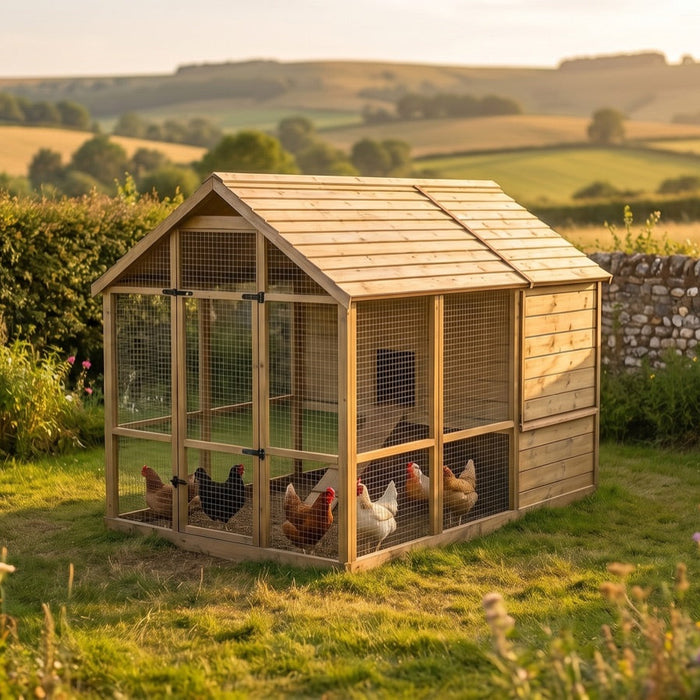 Wooden walk-in chicken coop with flock of hens inside in a countryside garden