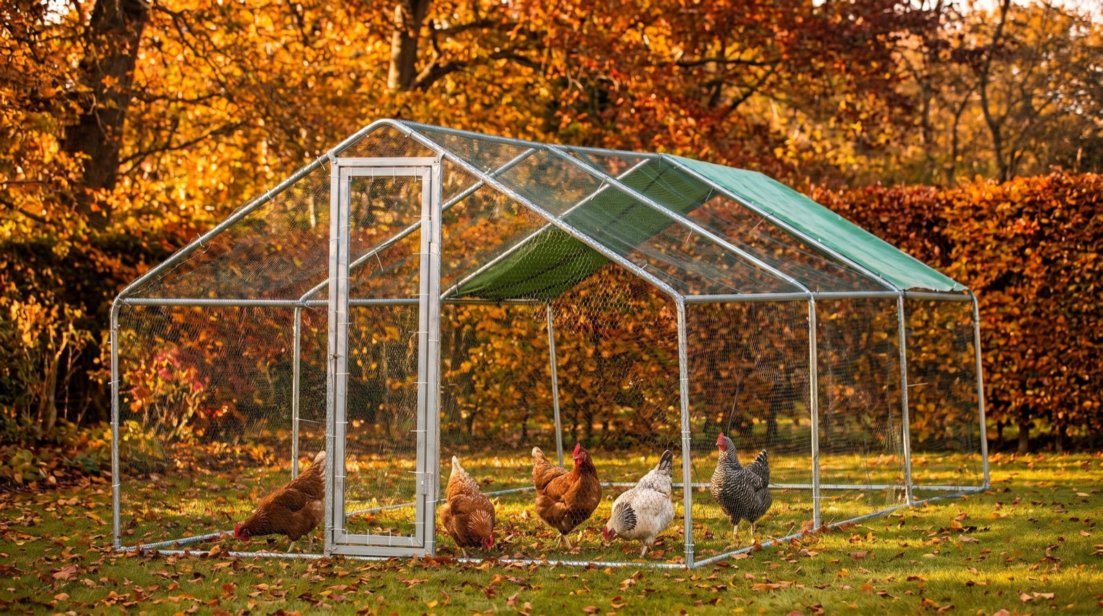 Flock of hens inside a large galvanised metal chicken run