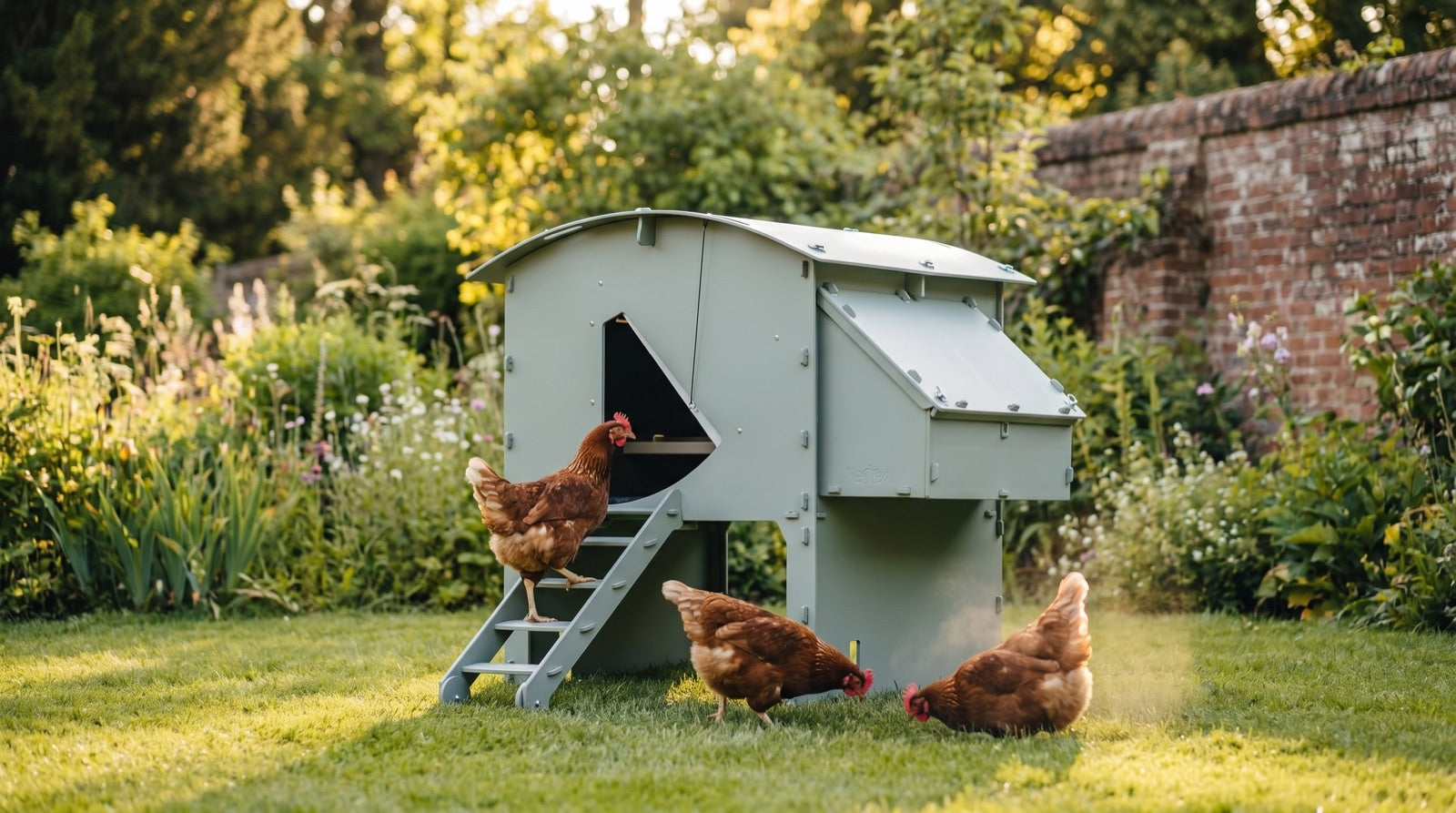 Hens outside a plastic chicken coop in a garden