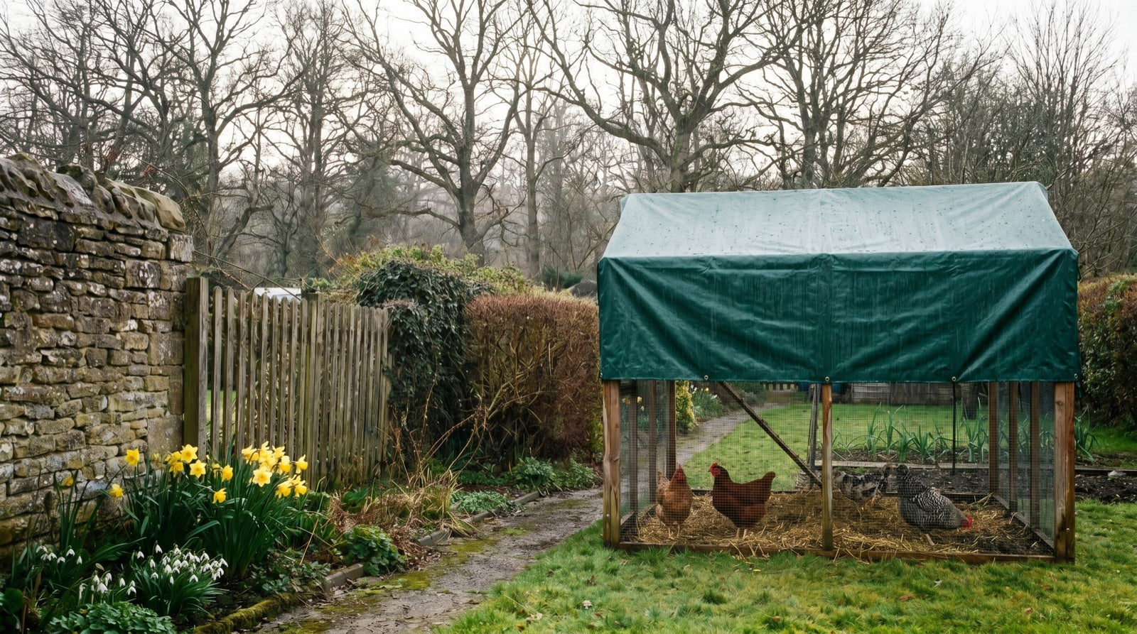 Chicken run with green waterproof cover in a garden