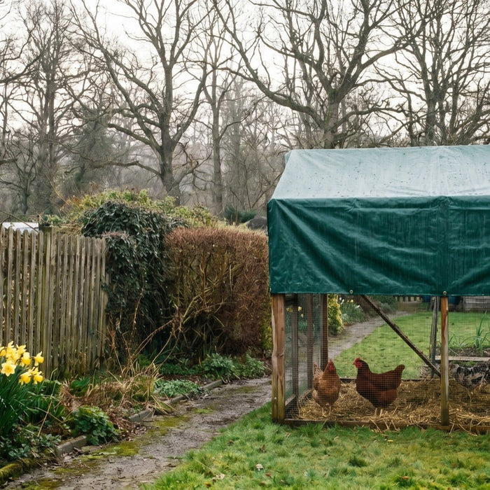 Chicken run with green waterproof cover in a garden