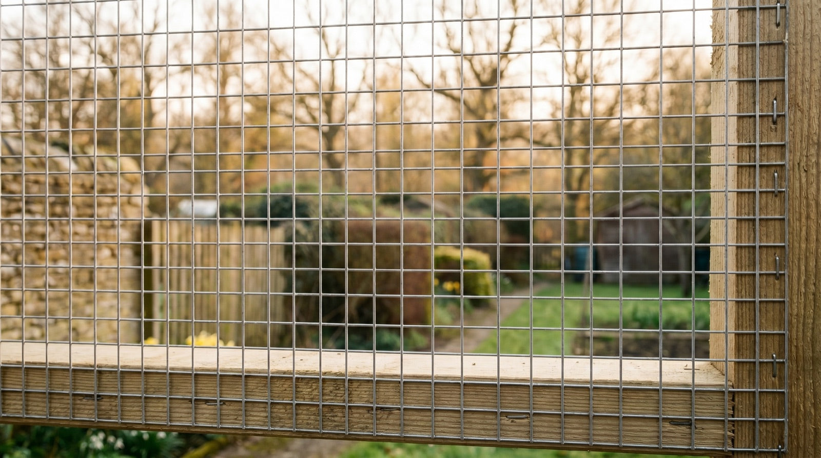 Aviary wire mesh panel fixed to a wooden frame on a chicken run