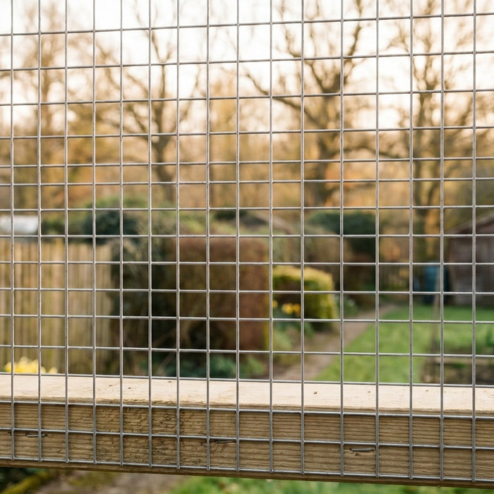 Aviary wire mesh panel fixed to a wooden frame on a chicken run