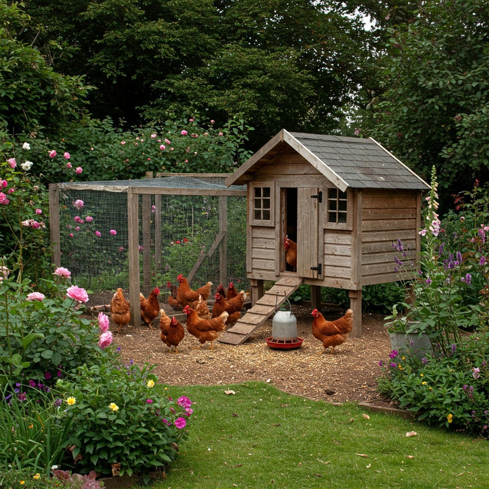 chicken house and run in English garden