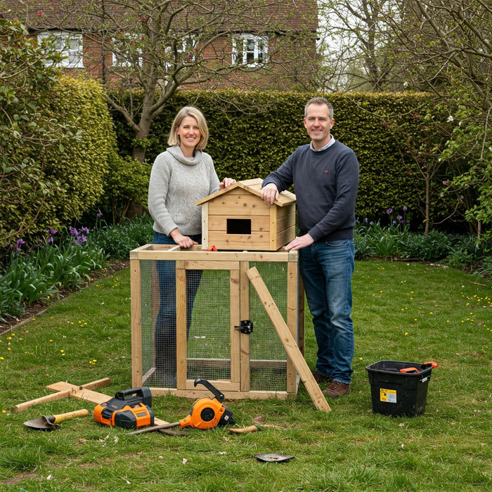 couple setting up a chicken run