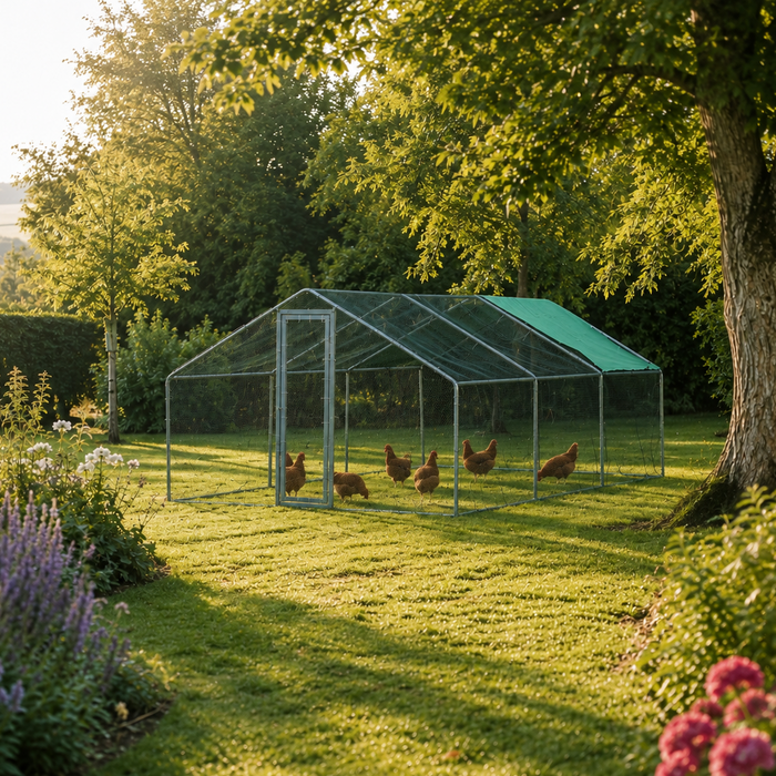 A chicken run with a green roof and open mesh sides sits on a grassy garden path, with several chickens inside and trees and flowers surrounding it in a sunny backyard setting.